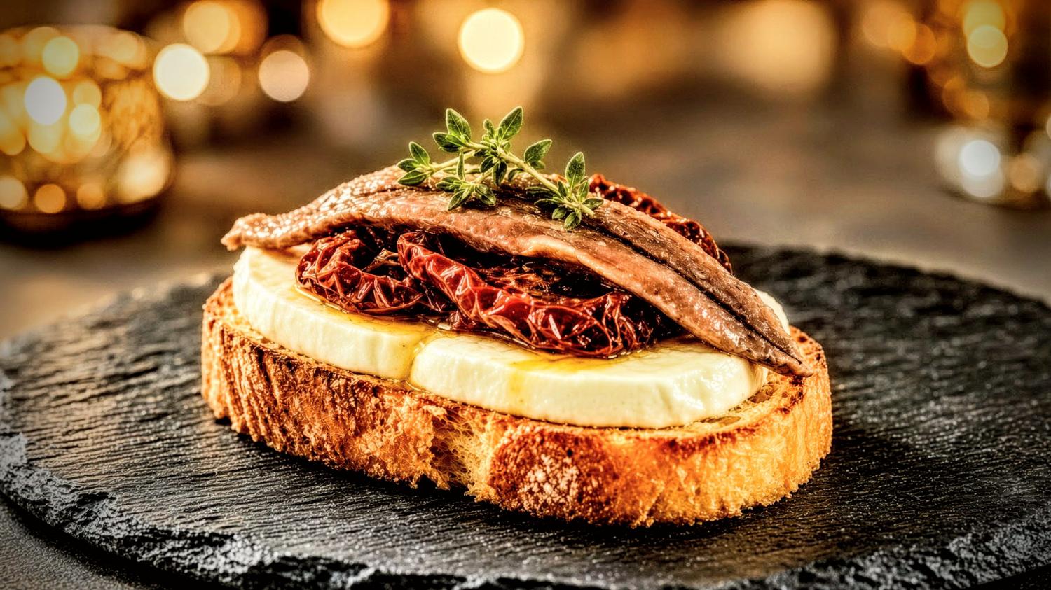 Mozzarella, tomate seco y anchoa
